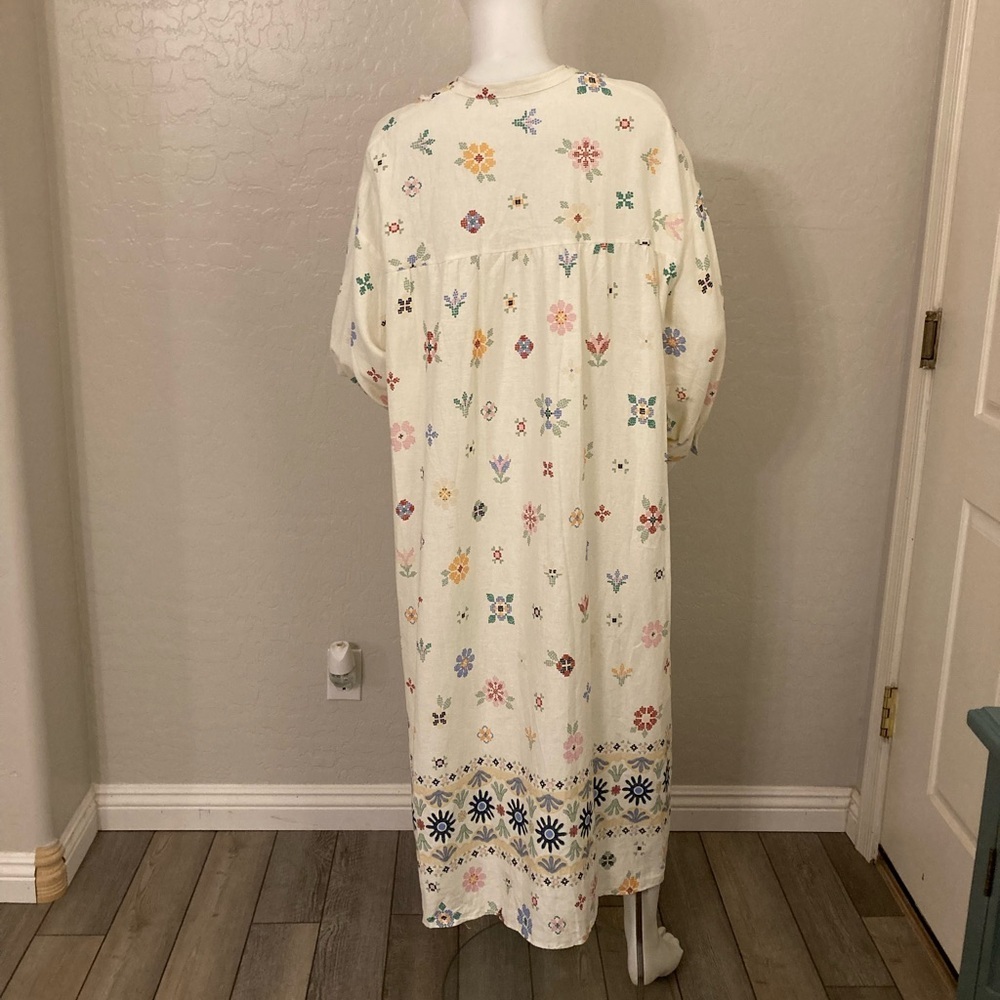 ZARA Oversized Linen Blend Floral Print MIDI  Kaftan Dress White Large - Picture 11 of 13